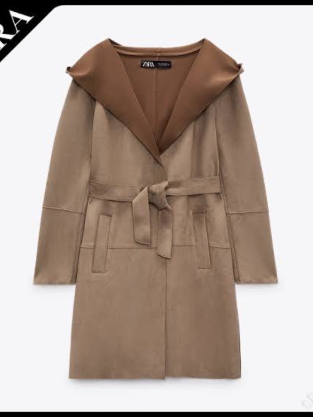 Zara Faux Suede Open Front Hooded Belted Wrap Jacket - Size M
